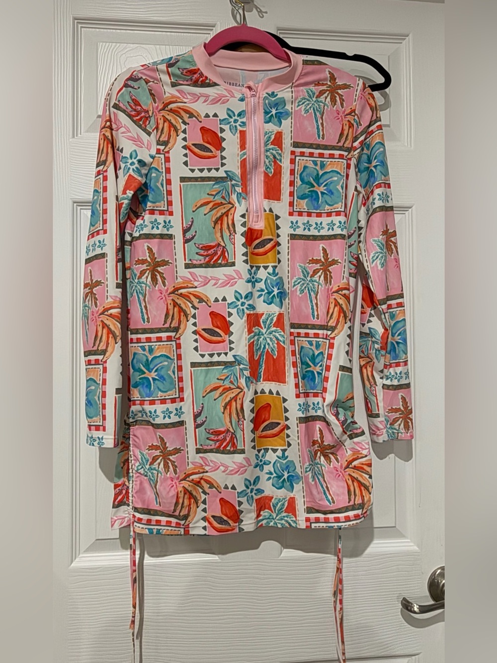Caribbean Joe Pink Tropical Zip-Front Swim Coverup